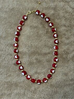 Red Heart Bead Necklace with Gold Accents - Women Jewelry